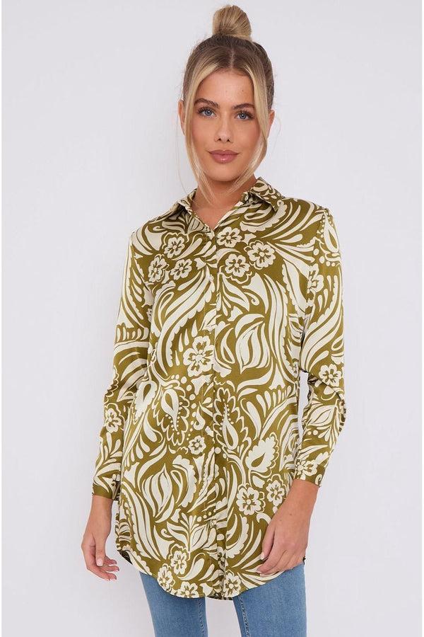 Goddiva Olive Green Paisley Print Satin Long Shirt By LOVE SUNSHINE