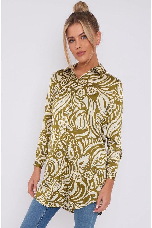 Goddiva Olive Green Paisley Print Satin Long Shirt By LOVE SUNSHINE