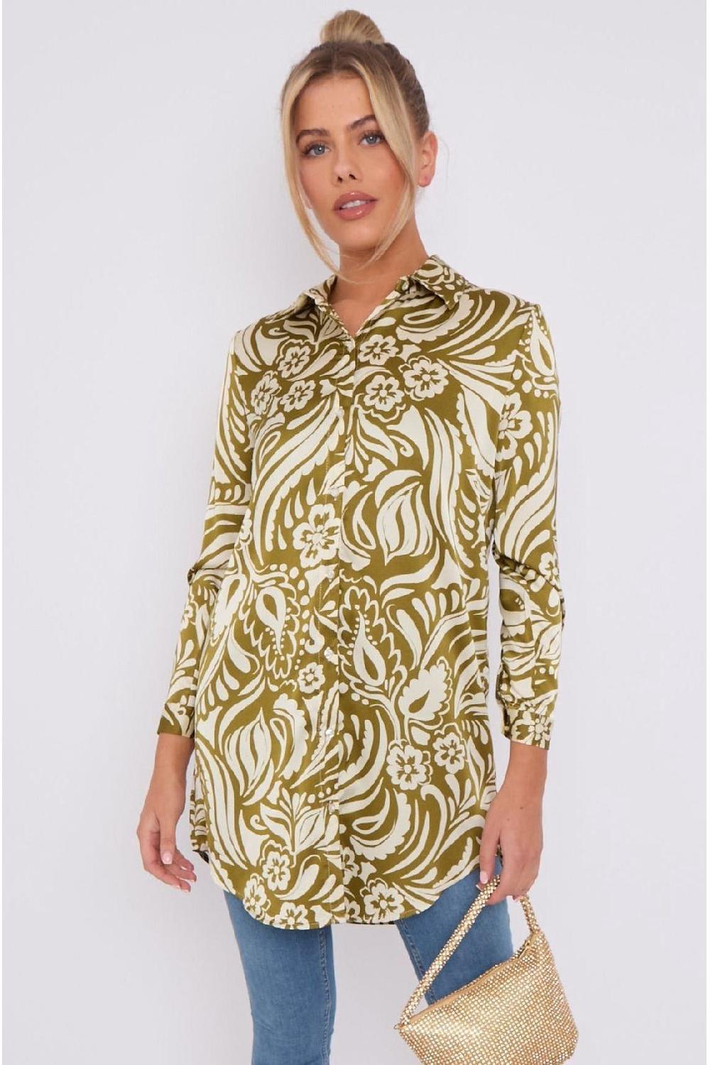 goddiva Olive Green Paisley Print Satin Long Shirt by LOVE SUNSHINE