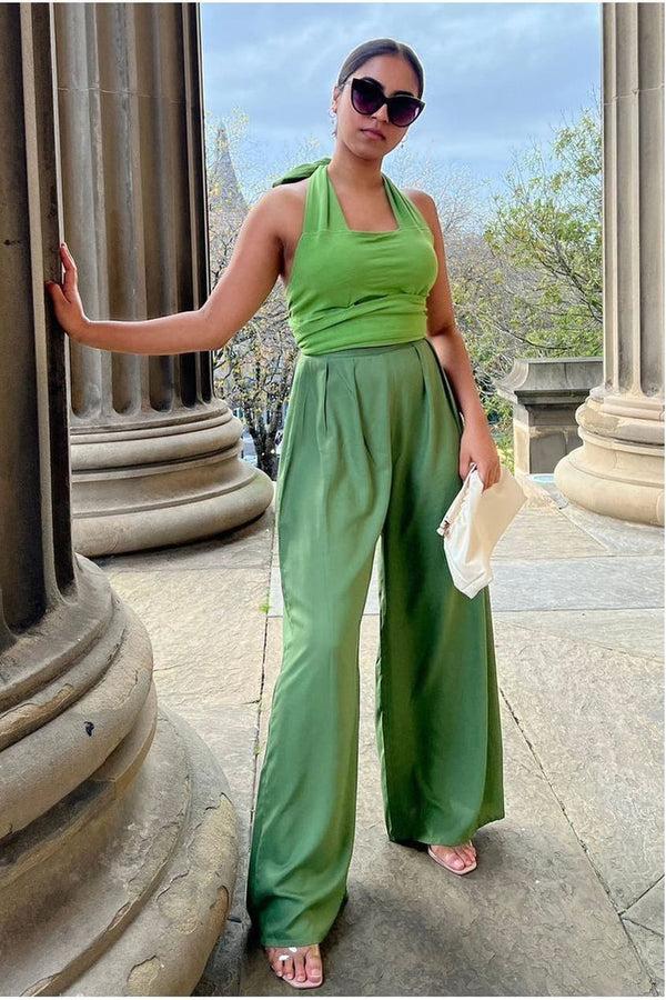 Goddiva Olive Green Pleated Wide Leg Trouser By InFlair