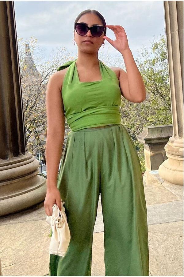 Goddiva Olive Green Pleated Wide Leg Trouser By InFlair