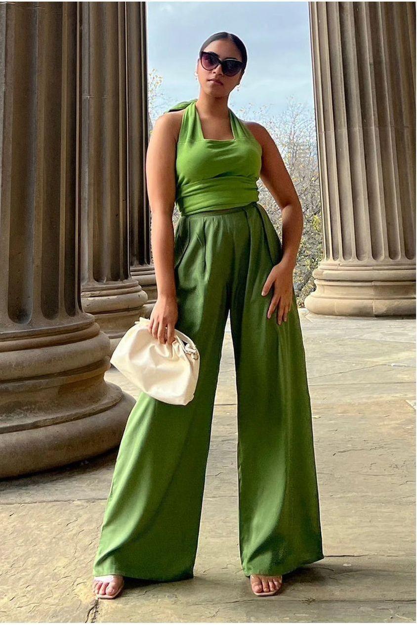 goddiva Olive Green Pleated Wide Leg Trouser by InFlair