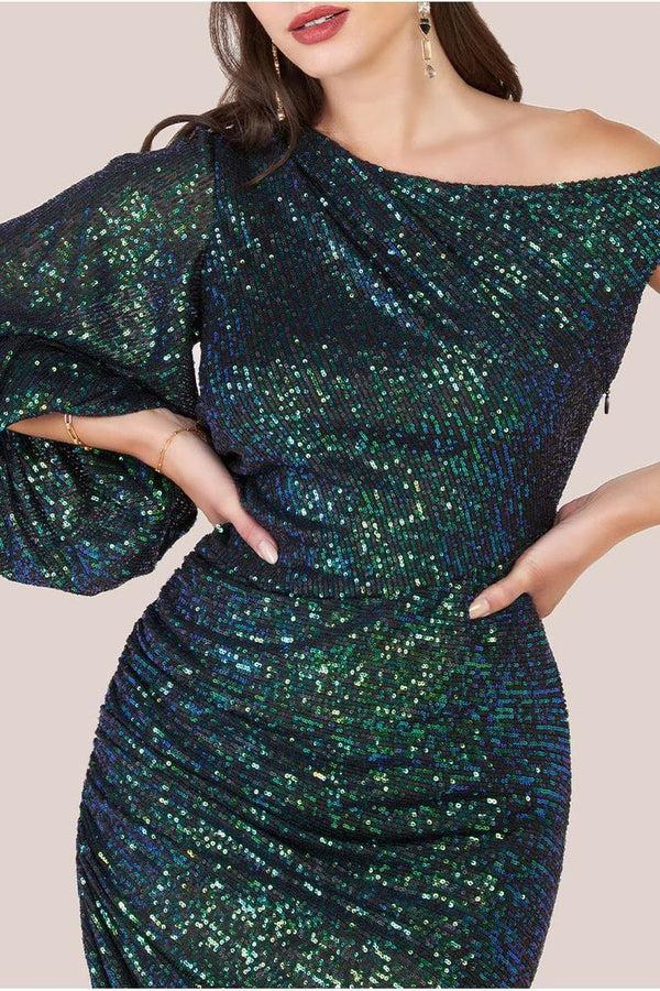 Goddiva One Shoulder Asymmetric Midi Dress - Emerald Green By Goddiva