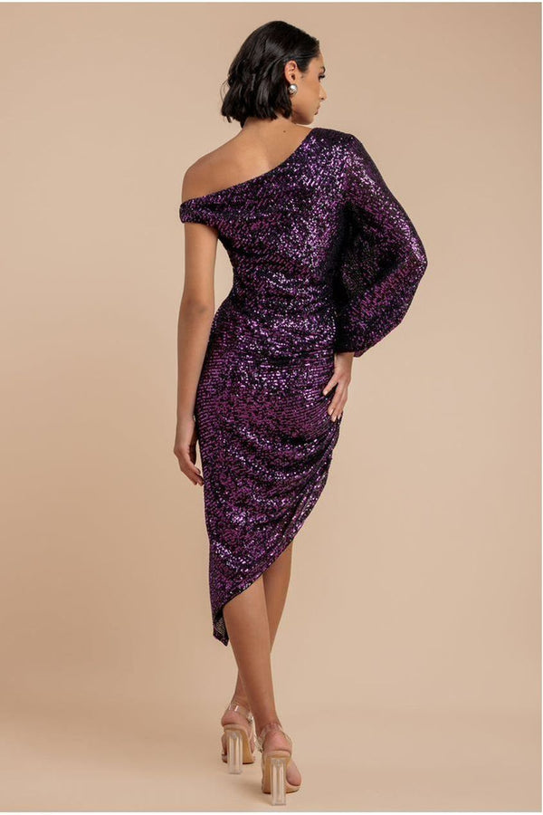 Goddiva One Shoulder Asymmetric Midi Dress - Purple By Goddiva