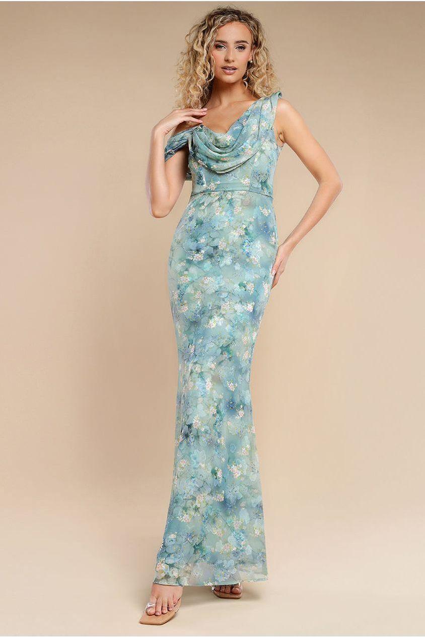 goddiva One Shoulder Cowl Neck Chiffon Floral Maxi Dress - Blue by Goddiva