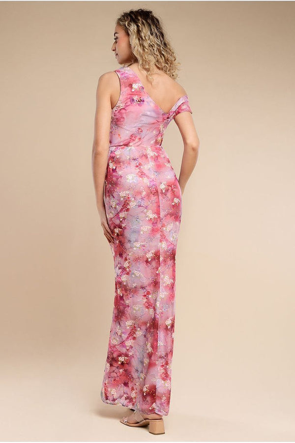 Goddiva One Shoulder Cowl Neck Chiffon Floral Maxi Dress - Pink By Goddiva