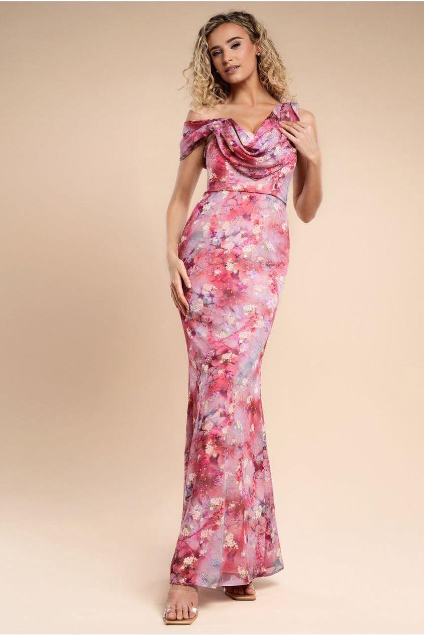 goddiva One Shoulder Cowl Neck Chiffon Floral Maxi Dress - Pink by Goddiva