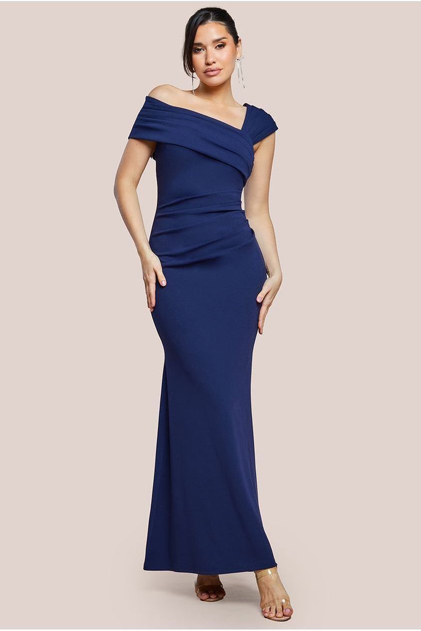 goddiva One Shoulder Evening Maxi Dress - Navy by Goddiva