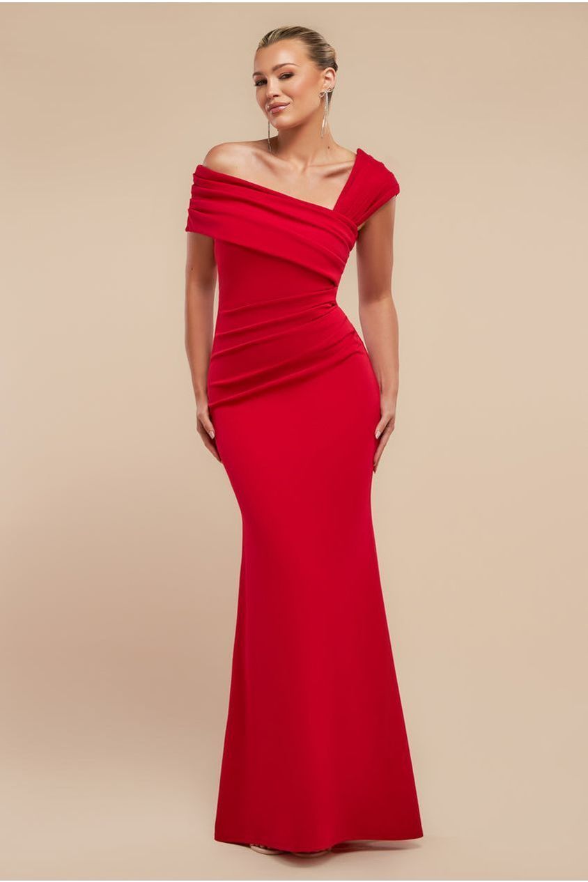 goddiva One Shoulder Evening Maxi Dress - Red by Goddiva