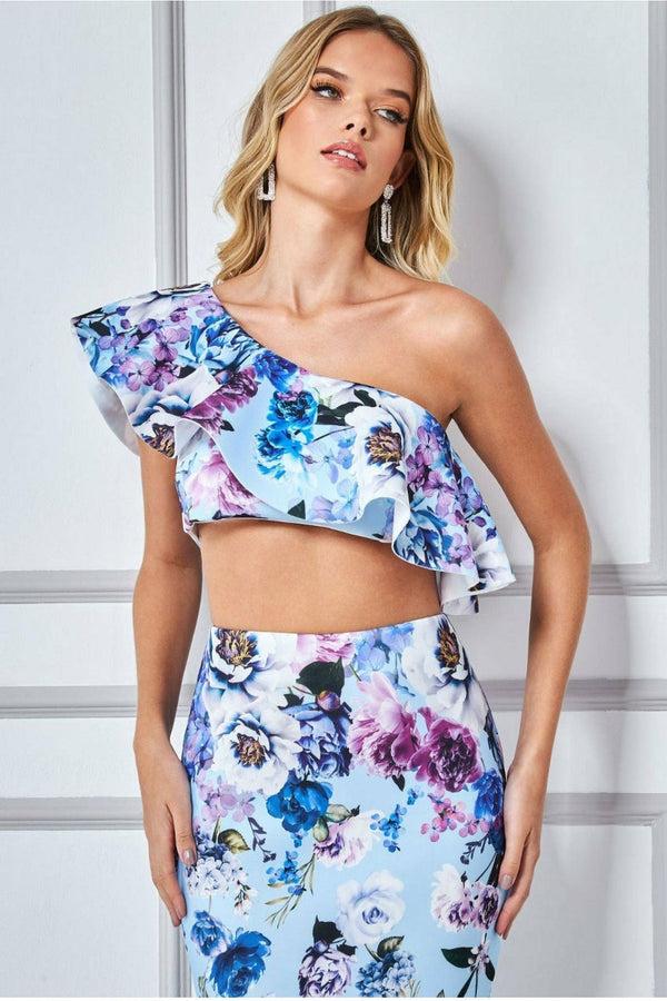 Goddiva One Shoulder Floral Crop Top - Light Blue By Goddiva