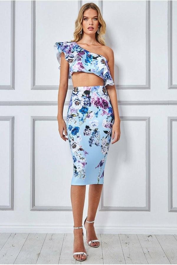 Goddiva One Shoulder Floral Crop Top - Light Blue By Goddiva