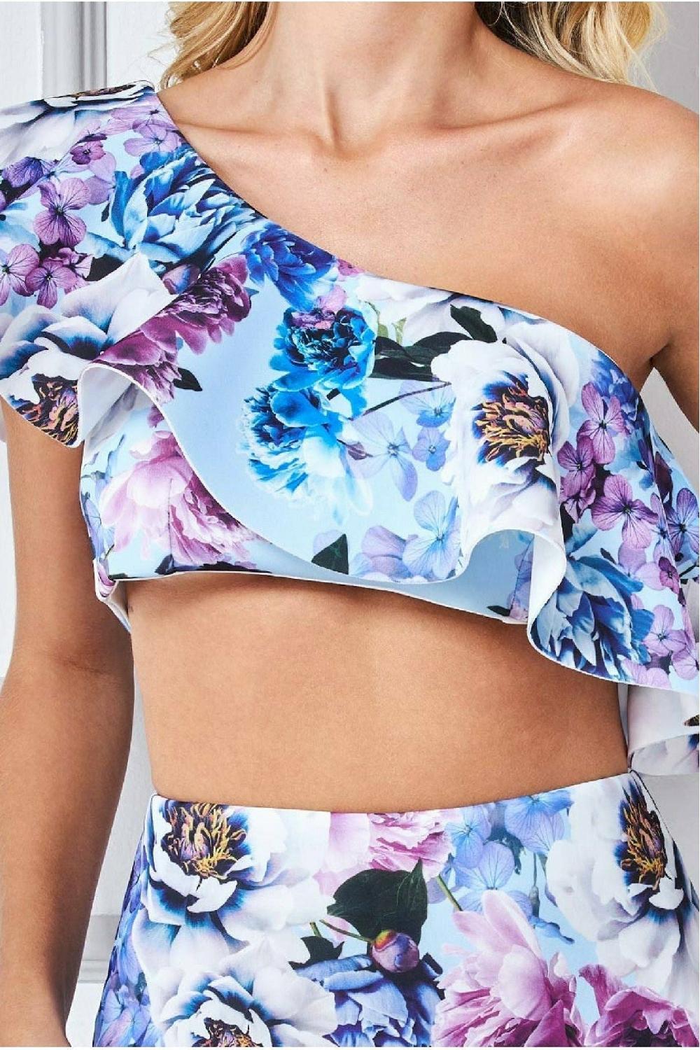 goddiva One Shoulder Floral Crop Top - Light Blue by Goddiva