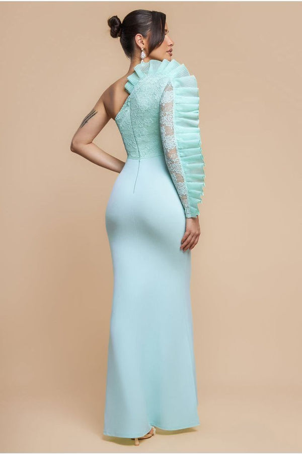 Goddiva One Shoulder Organza Fan Detail Lace Bodice Maxi Dress - Mint Green By Goddiva