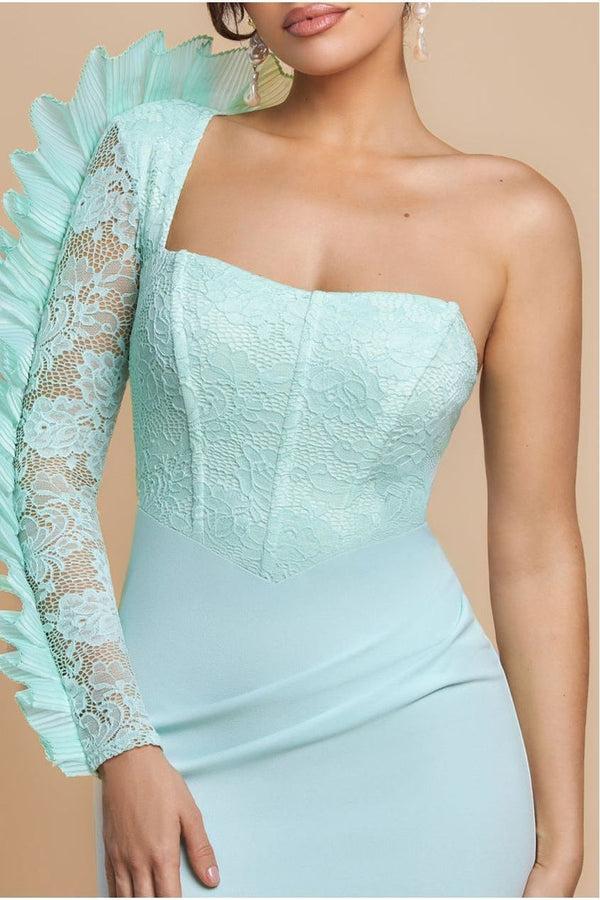 Goddiva One Shoulder Organza Fan Detail Lace Bodice Maxi Dress - Mint Green By Goddiva