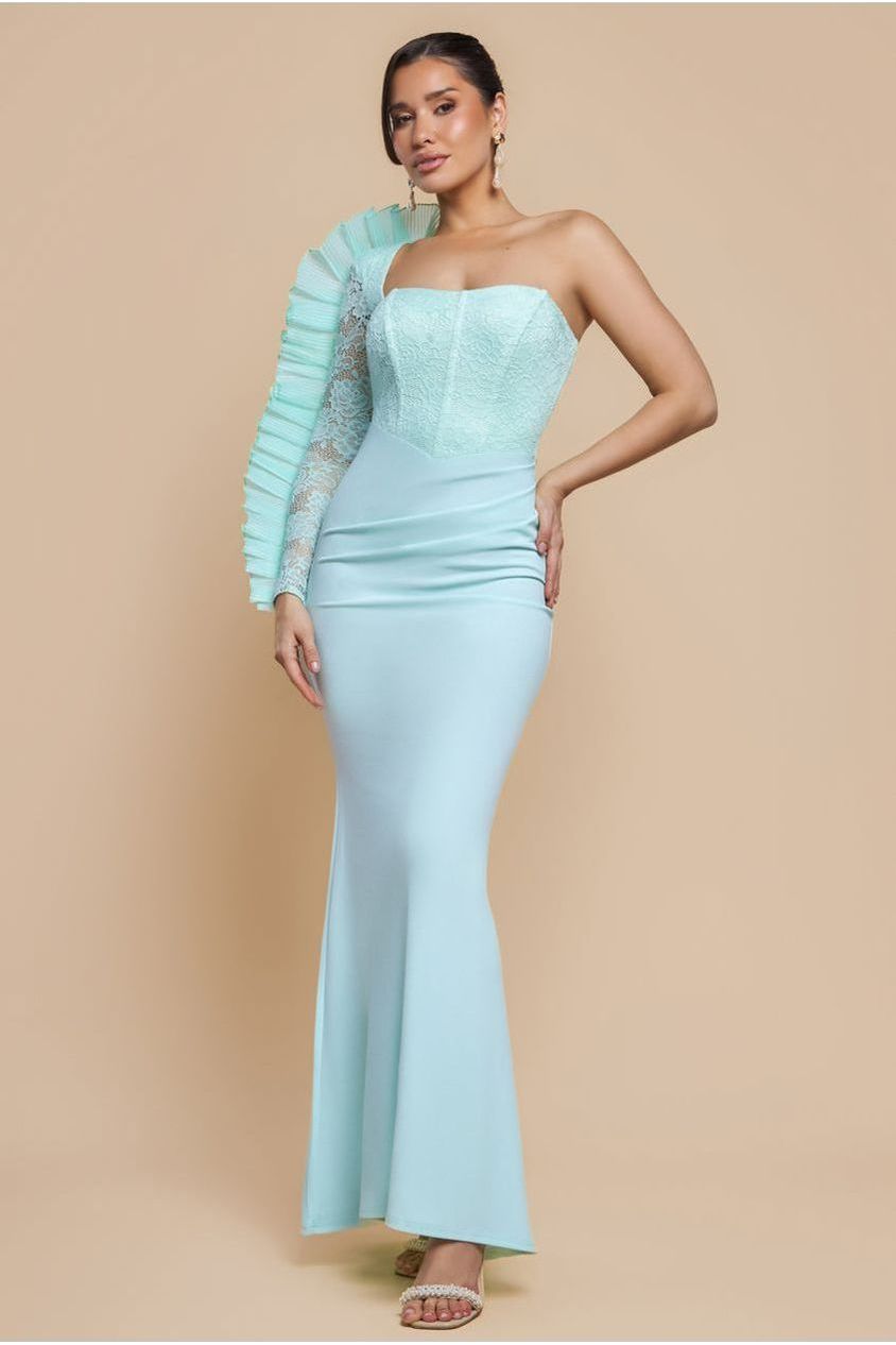 goddiva One Shoulder Organza Fan Detail Lace Bodice Maxi Dress - Mint Green by Goddiva