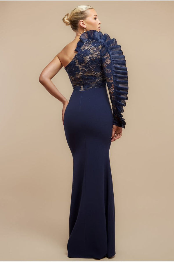 Goddiva One Shoulder Organza Fan Detail Lace Bodice Maxi Dress - Navy Blue By Goddiva