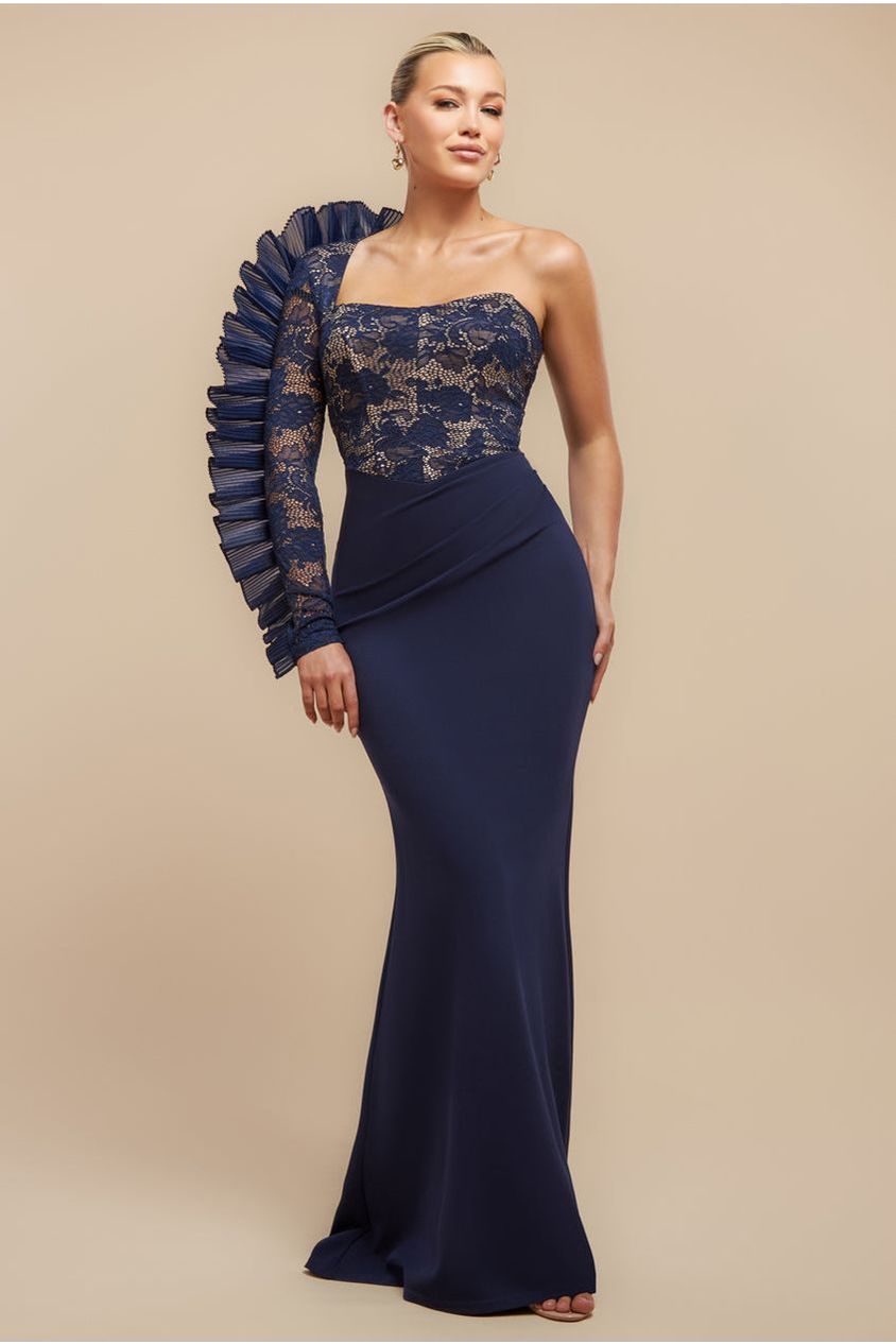 goddiva One Shoulder Organza Fan Detail Lace Bodice Maxi Dress - Navy Blue by Goddiva