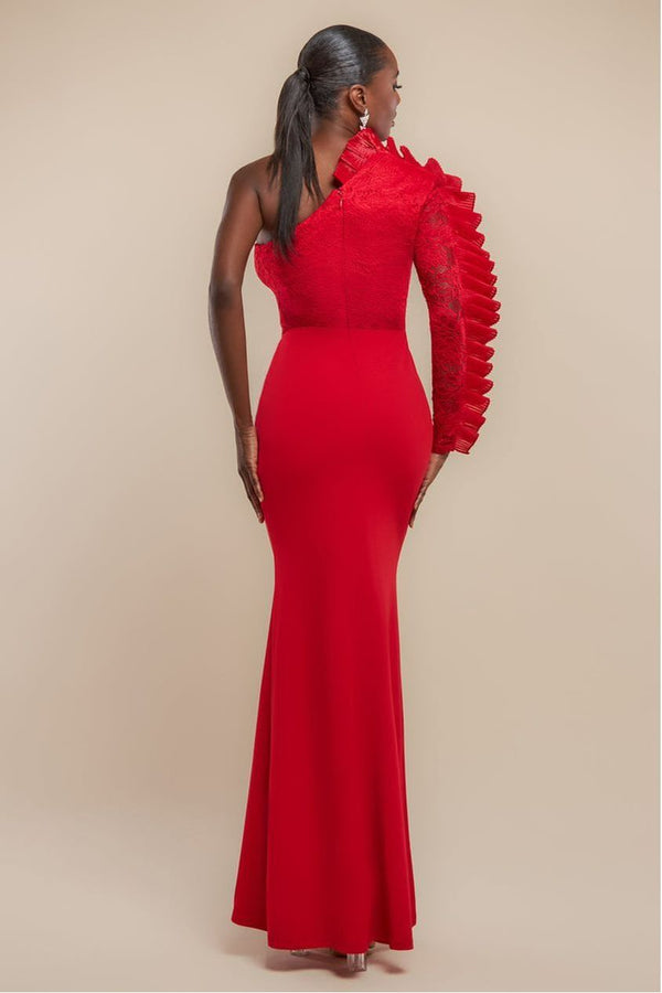 Goddiva One Shoulder Organza Fan Detail Lace Bodice Maxi Dress - Red By Goddiva
