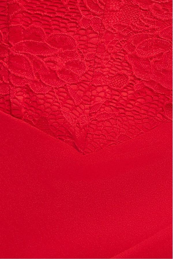 Goddiva One Shoulder Organza Fan Detail Lace Bodice Maxi Dress - Red By Goddiva