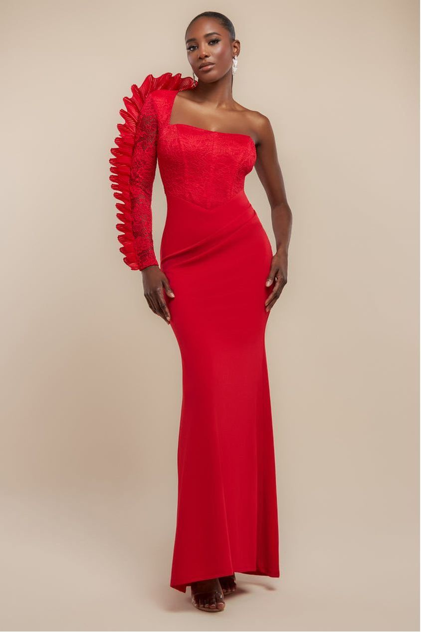 goddiva One Shoulder Organza Fan Detail Lace Bodice Maxi Dress - Red by Goddiva