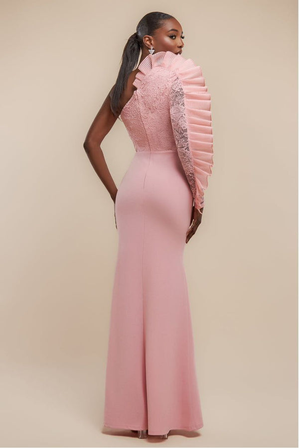 Goddiva One Shoulder Organza Fan Detail Lace Bodice Maxi Dress - Blush Pink By Goddiva