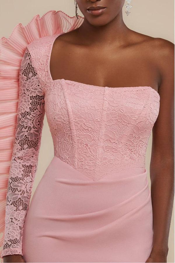 Goddiva One Shoulder Organza Fan Detail Lace Bodice Maxi Dress - Blush Pink By Goddiva