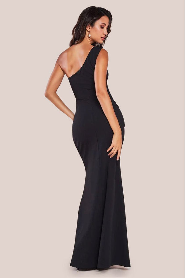 Goddiva One Shoulder Pleated Fan Maxi Dress - Black By Goddiva