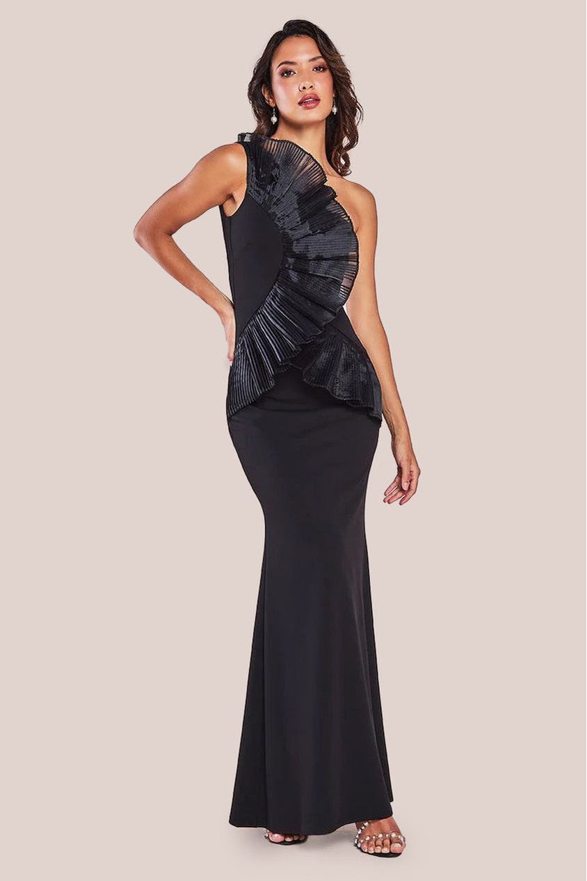 goddiva One Shoulder Pleated Fan Maxi Dress - Black by Goddiva