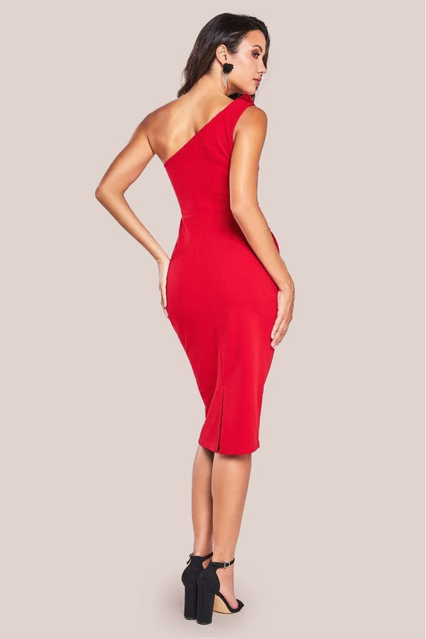 Goddiva One Shoulder Pleated Fan Midi Dress - Red By Goddiva