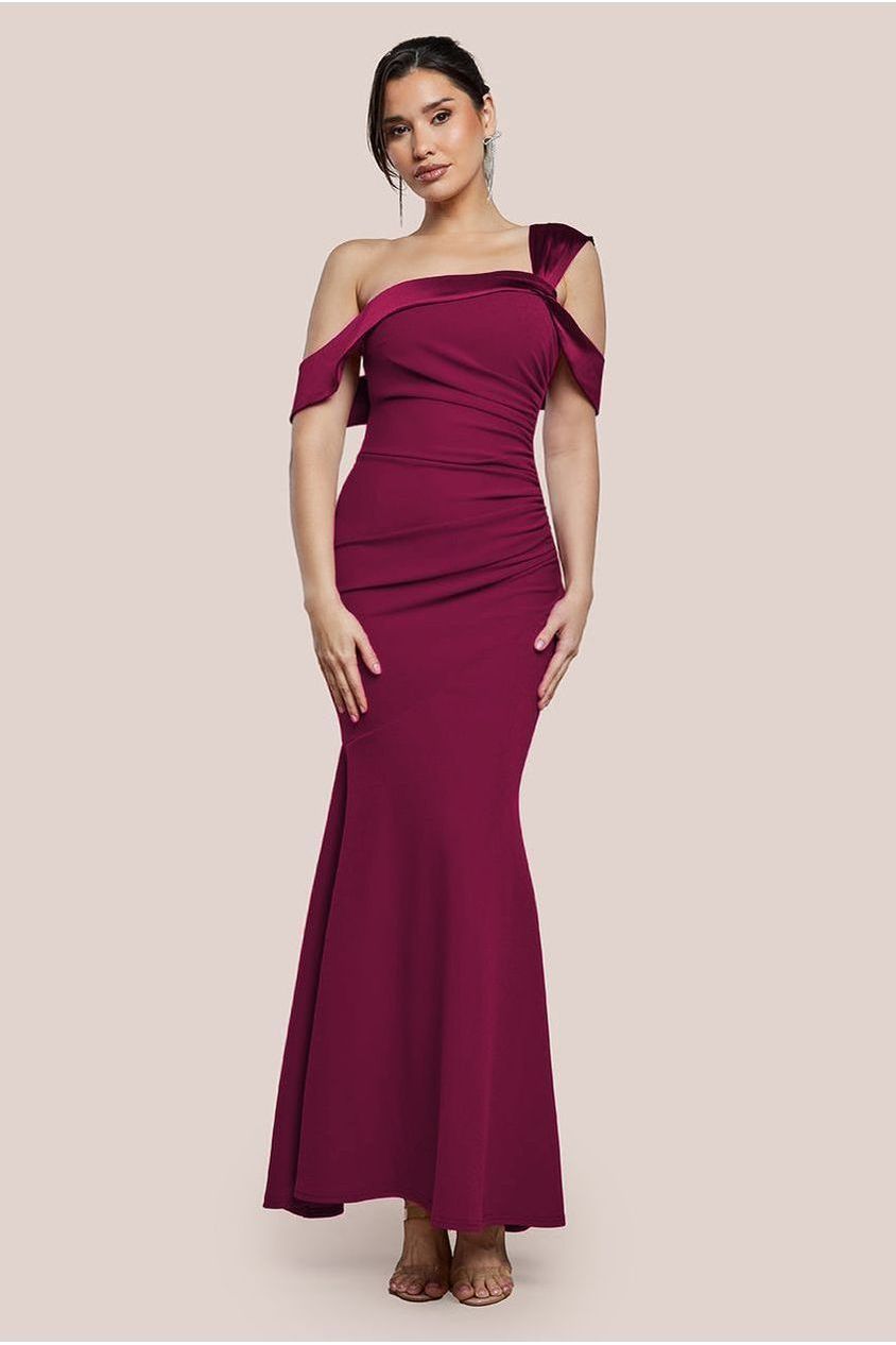 goddiva One Shoulder Satin Band Maxi Dress - Burgundy by Goddiva