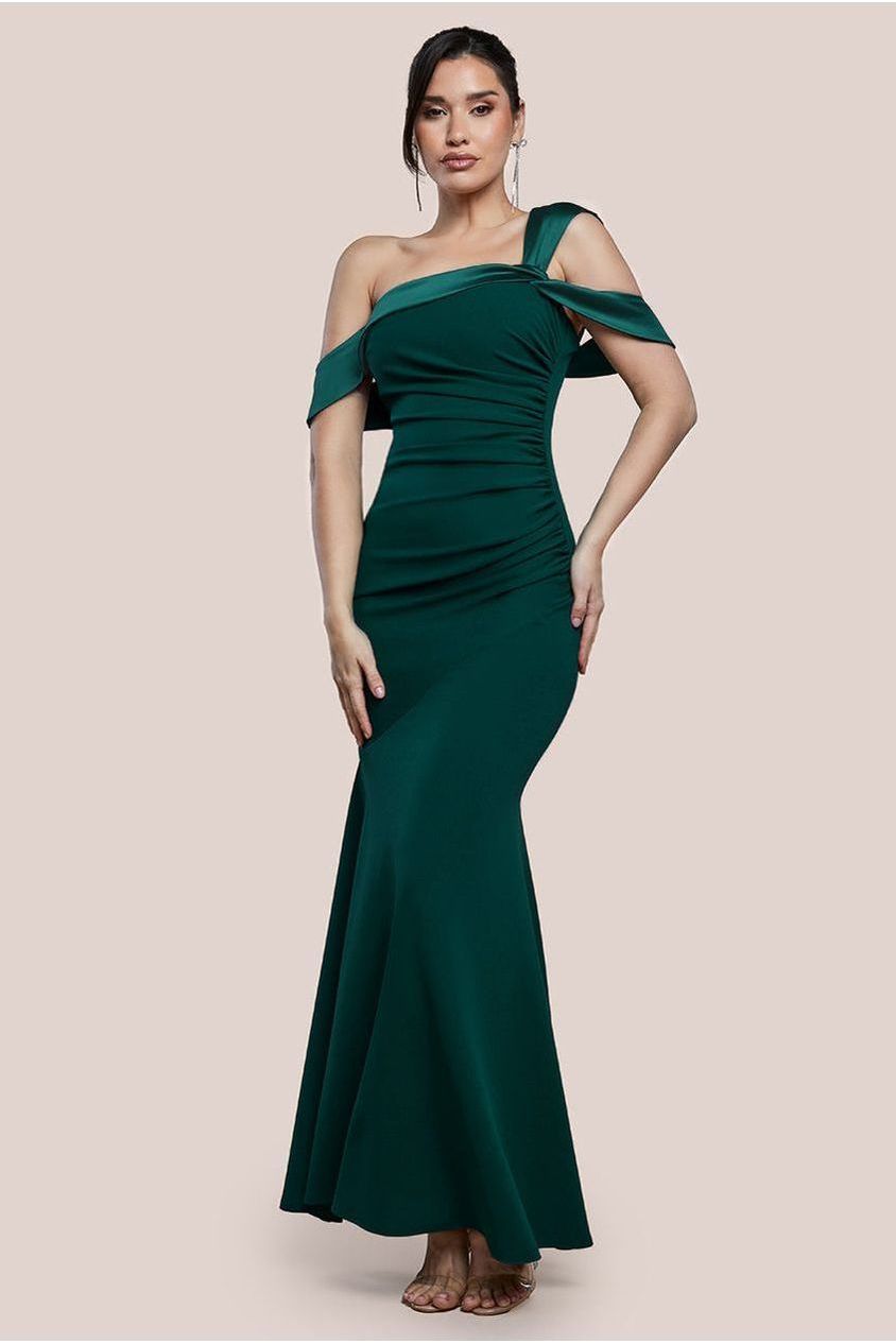 goddiva One Shoulder Satin Band Maxi Dress - Emerald Green by Goddiva