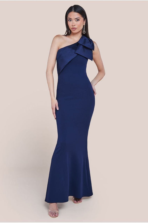 Goddiva One Shoulder Satin Bow Scuba Crepe Maxi Dress - Navy By Goddiva