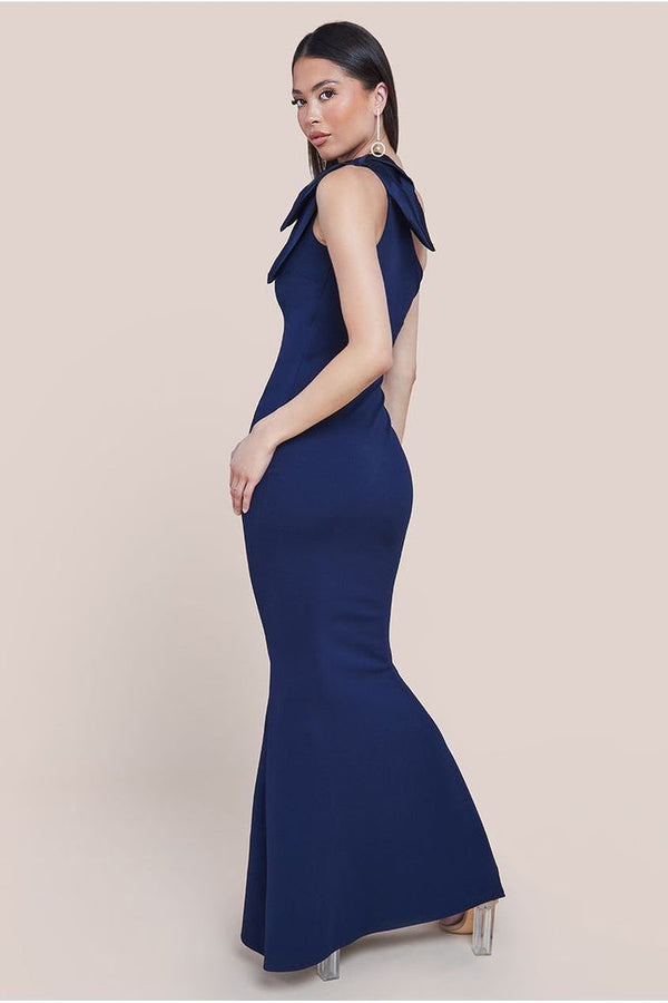 Goddiva One Shoulder Satin Bow Scuba Crepe Maxi Dress - Navy By Goddiva