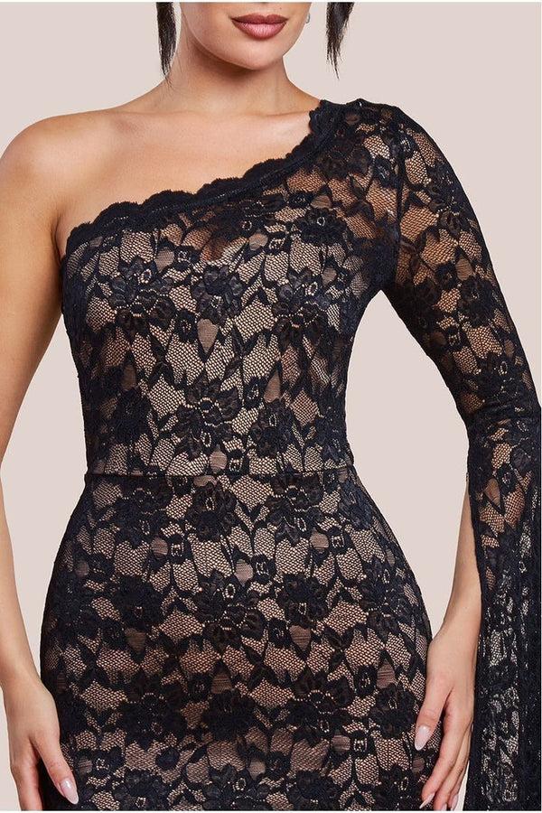 Goddiva One Shoulder Scalloped Neck Maxi Dress - Black By Goddiva