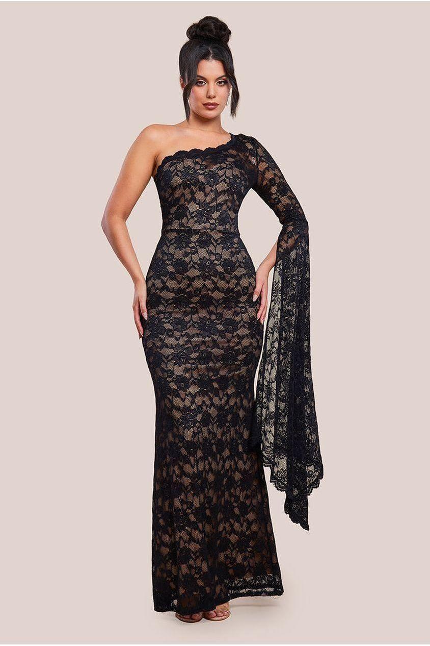 goddiva One Shoulder Scalloped Neck Maxi Dress - Black by Goddiva