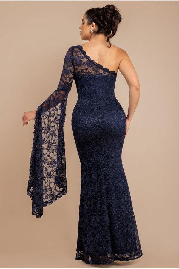 Goddiva One Shoulder Scalloped Neck Maxi Dress - Navy Blue By Goddiva