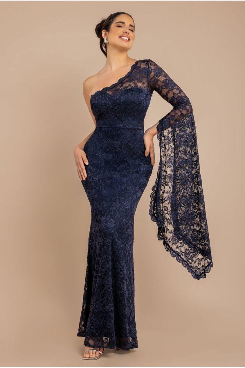 goddiva One Shoulder Scalloped Neck Maxi Dress - Navy Blue by Goddiva
