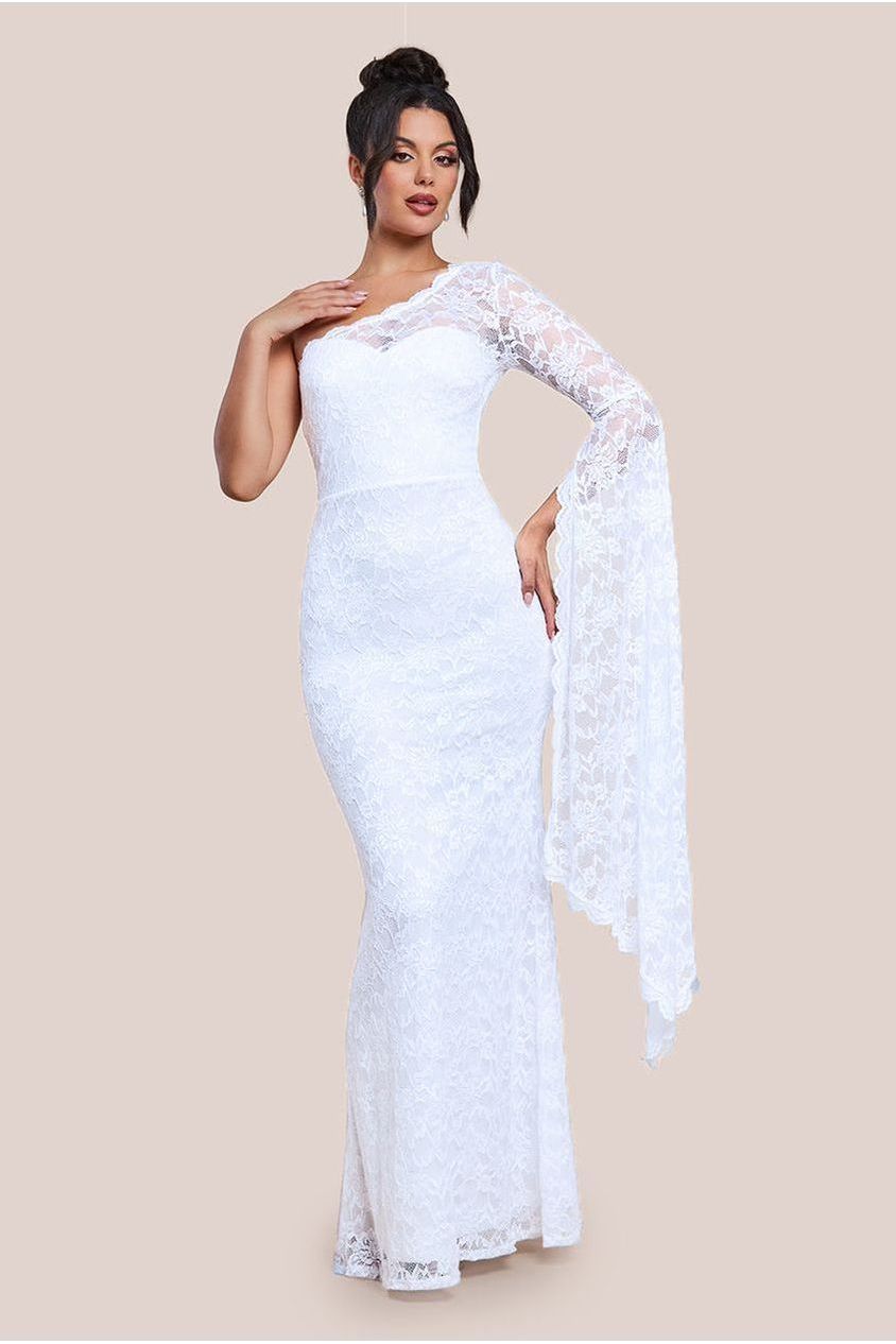 goddiva One Shoulder Scalloped Neck Maxi Dress - White by Goddiva