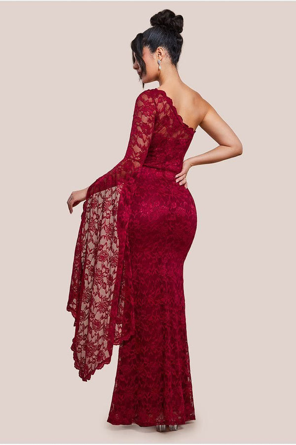 Goddiva One Shoulder Scalloped Neck Maxi Dress - Wine By Goddiva