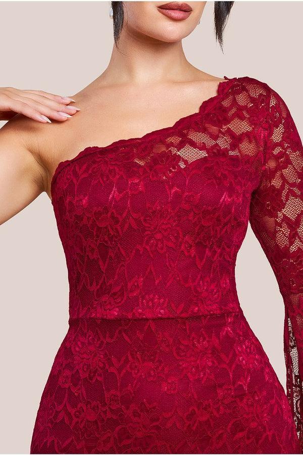 Goddiva One Shoulder Scalloped Neck Maxi Dress - Wine By Goddiva