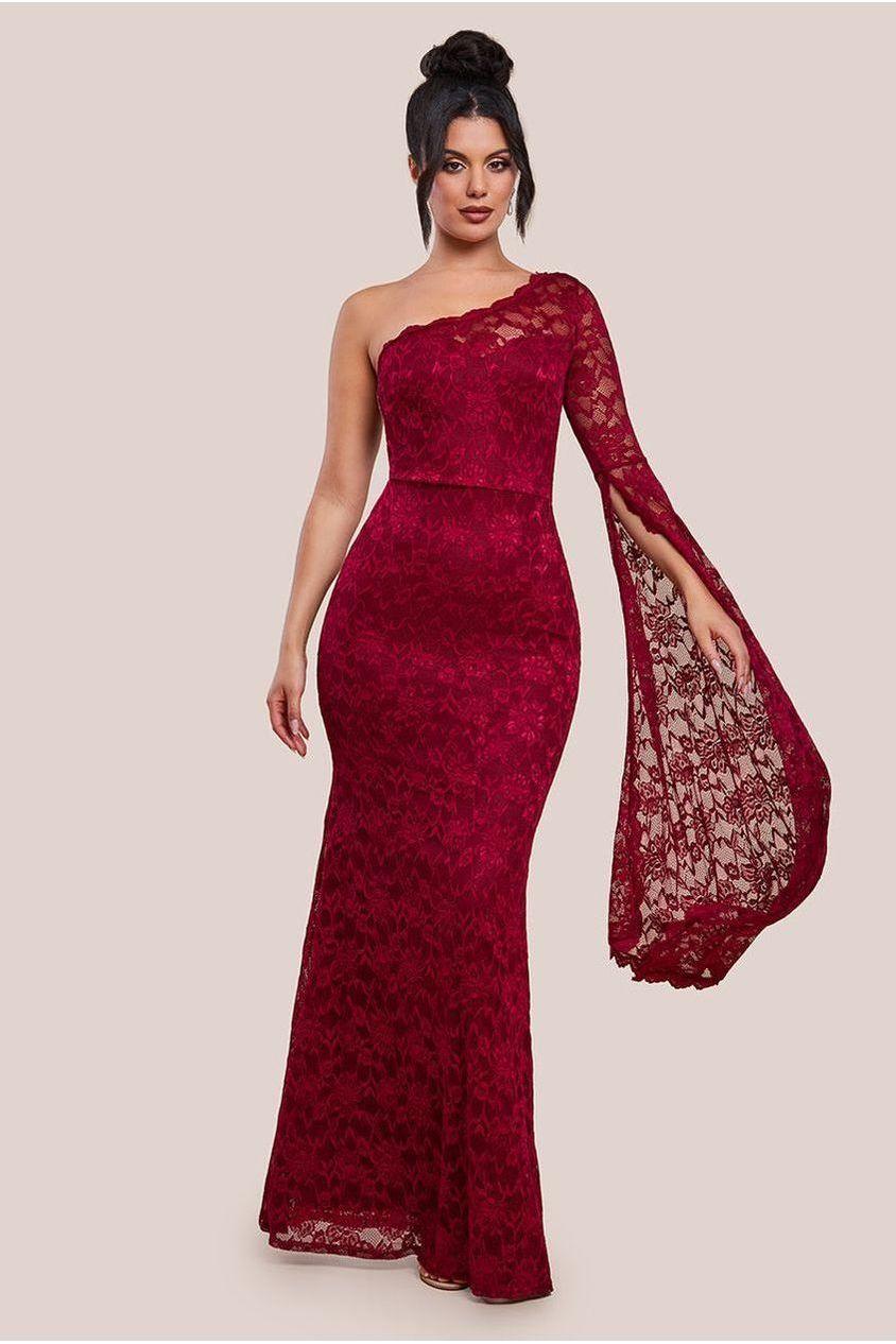 goddiva One Shoulder Scalloped Neck Maxi Dress - Wine by Goddiva