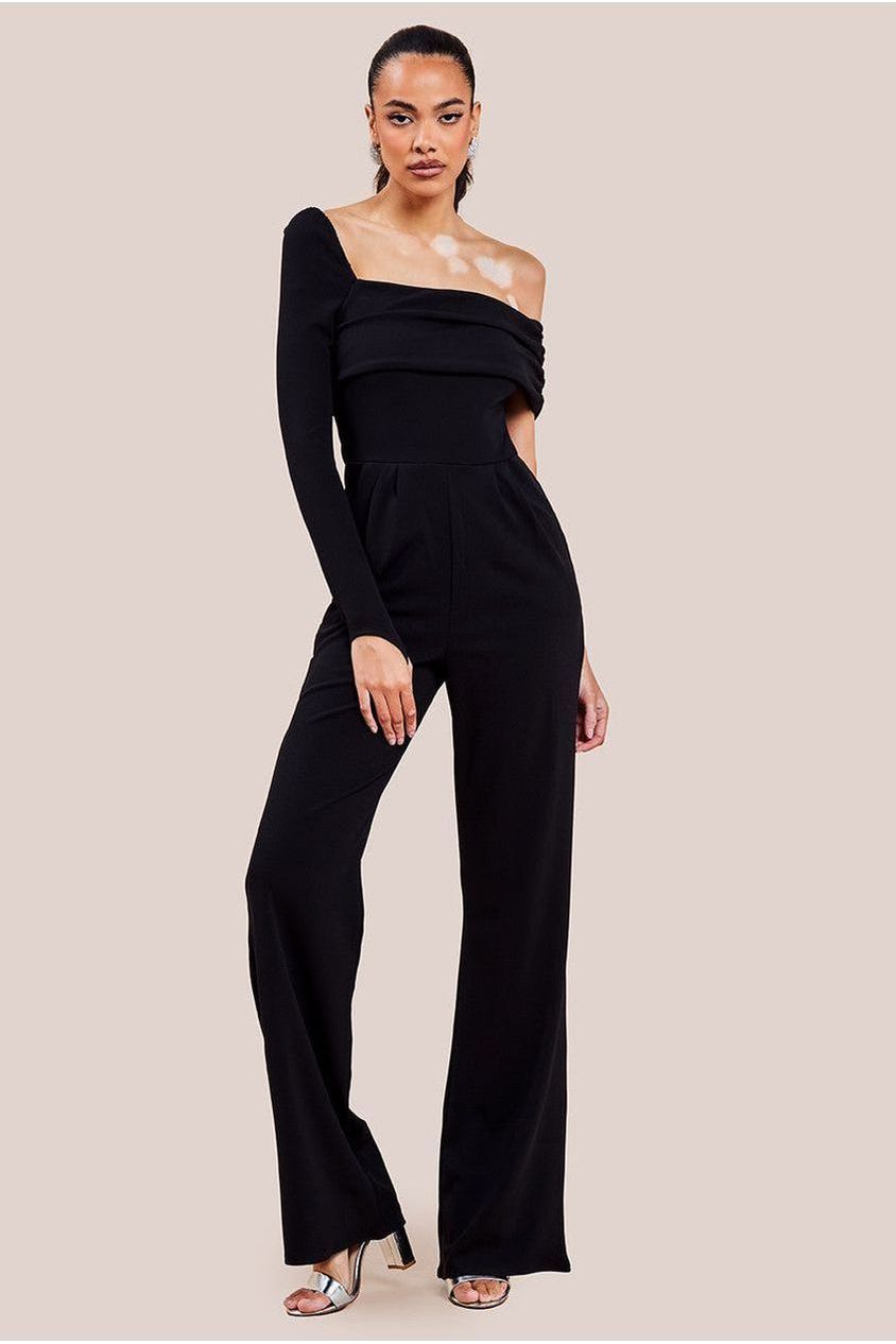 goddiva One Shoulder Scuba Jumpsuit - Black by Goddiva