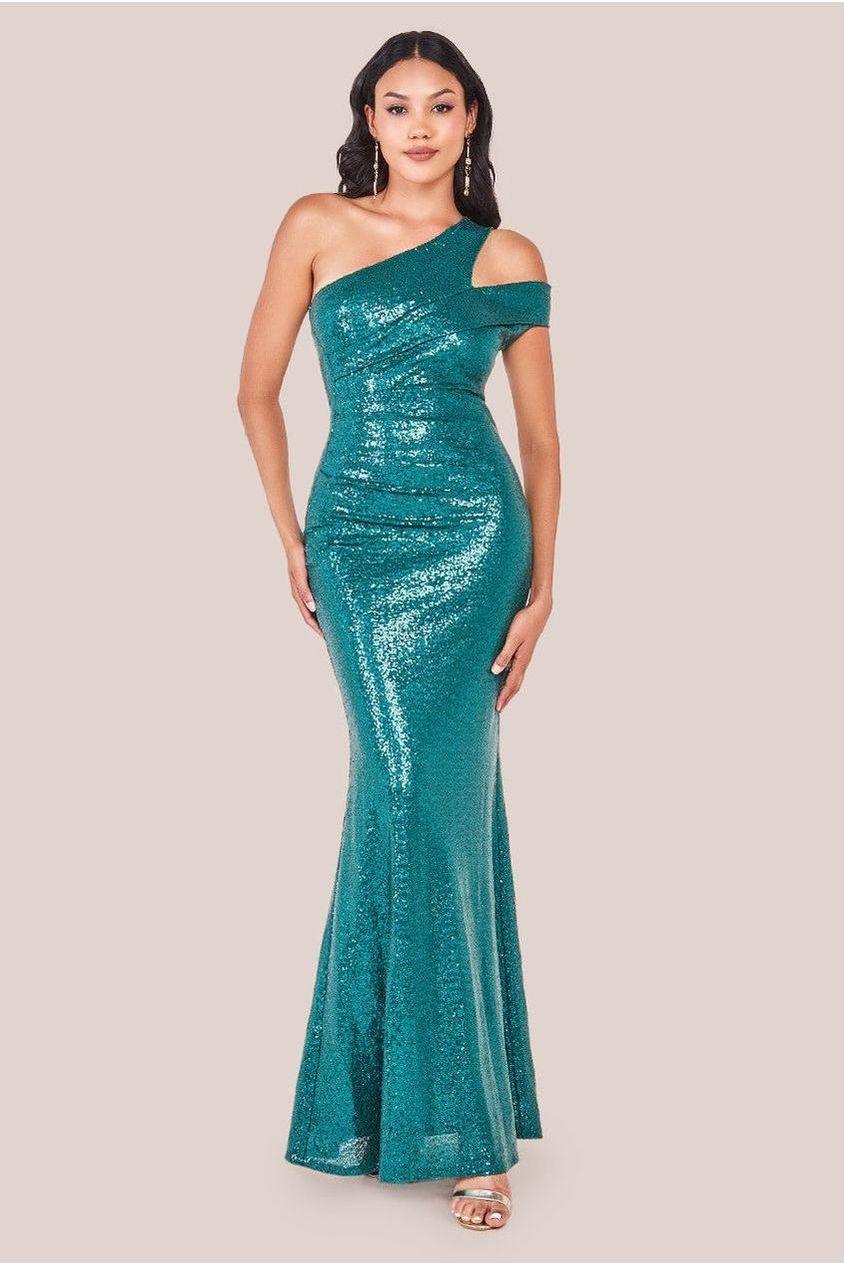goddiva One Shoulder Sequin Evening Maxi - Emerald Green by Goddiva