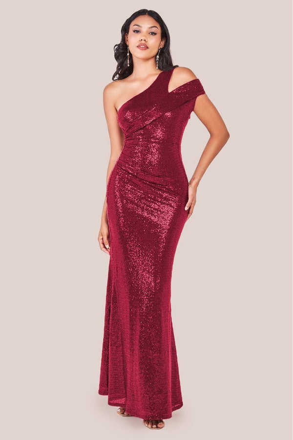 Goddiva One Shoulder Sequin Evening Maxi - Wine By Goddiva