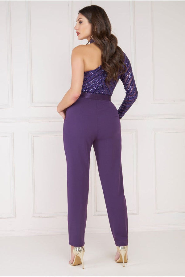 Goddiva One Shoulder Sequin Jumpsuit - Purple By Goddiva