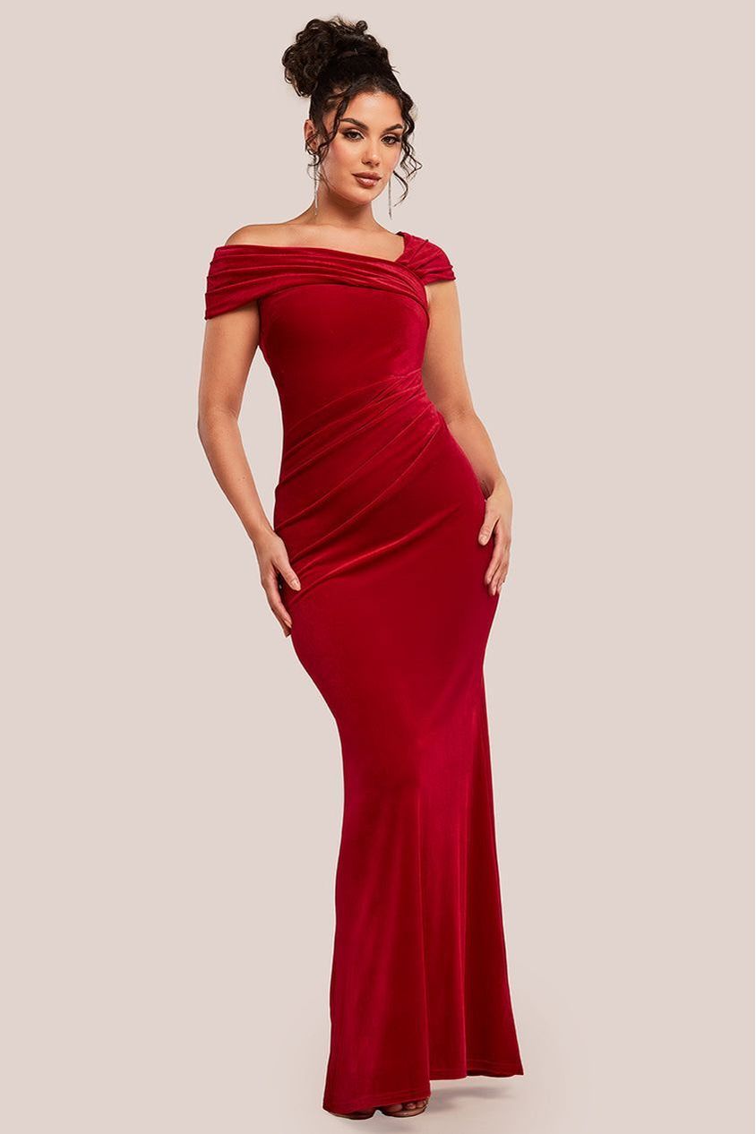 goddiva One Shoulder Velvet Maxi Dress - Red by Goddiva