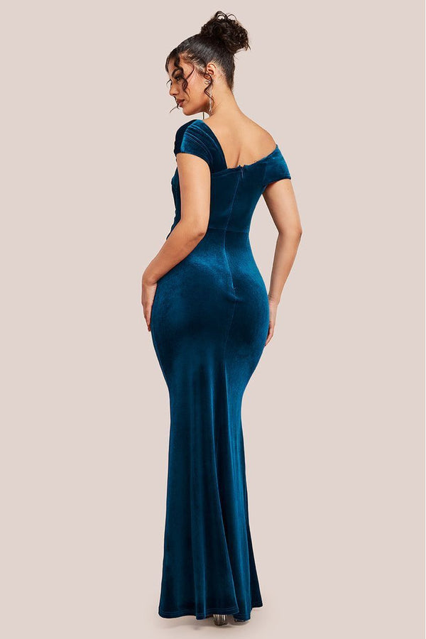 Goddiva One Shoulder Velvet Maxi Dress - Teal By Goddiva
