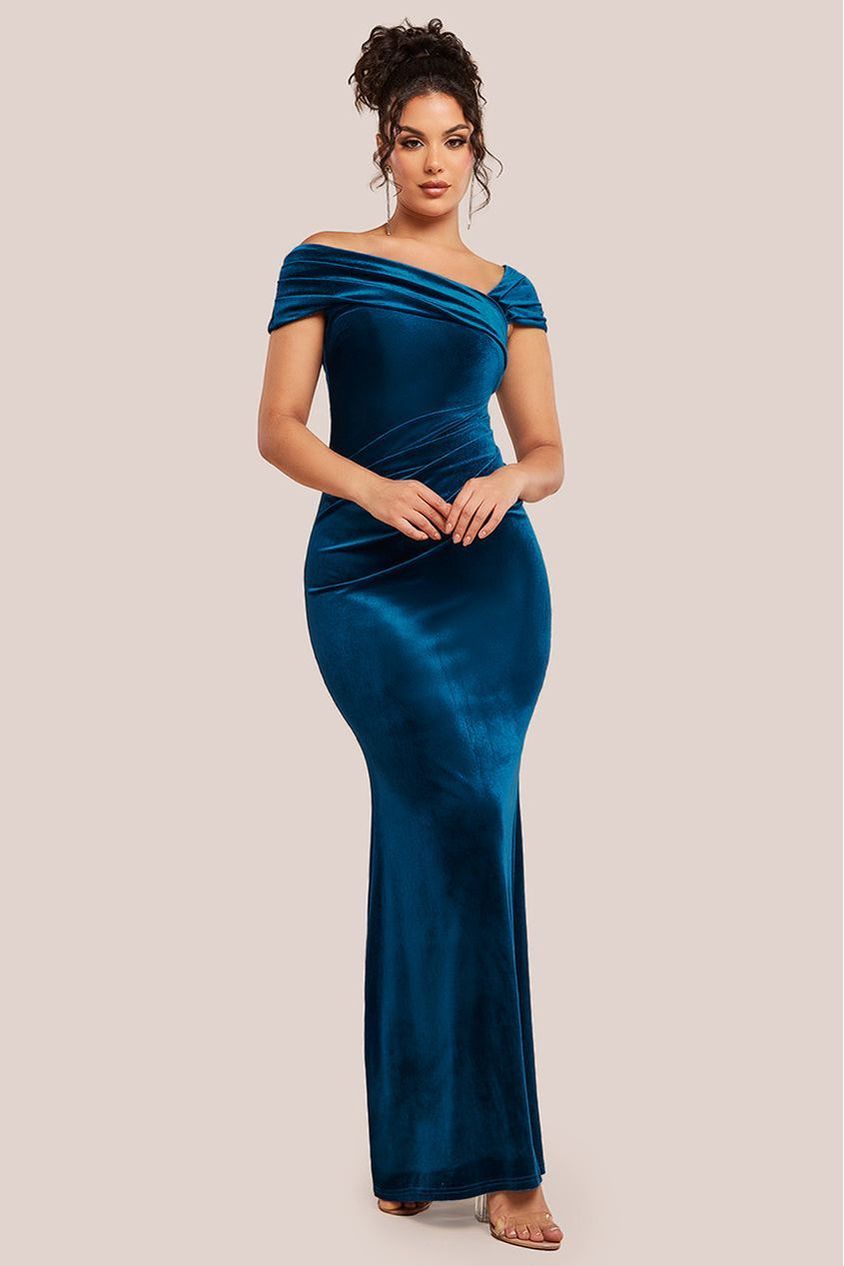 goddiva One Shoulder Velvet Maxi Dress - Teal by Goddiva