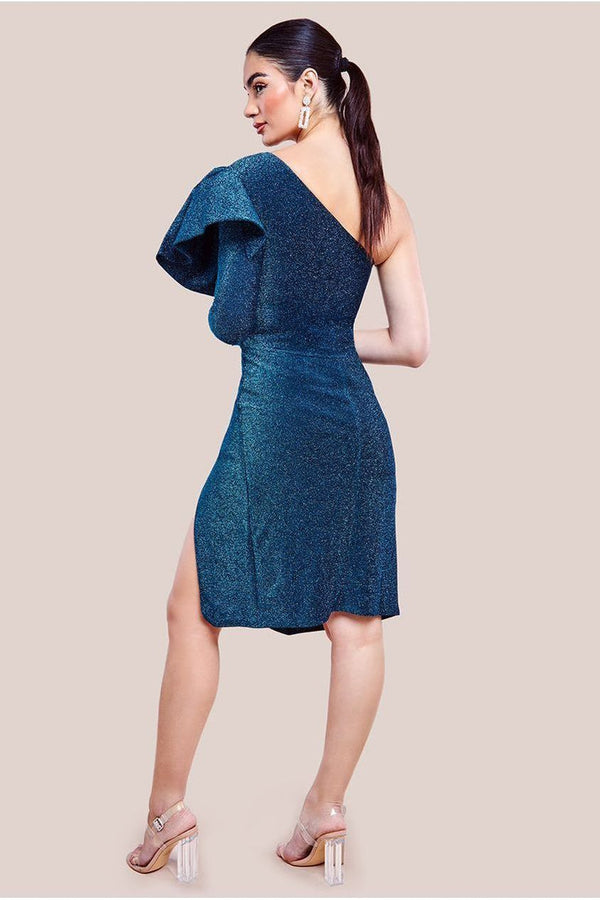 Goddiva One Sleeve Frill Lurex Midi Dress - Blue By Goddiva