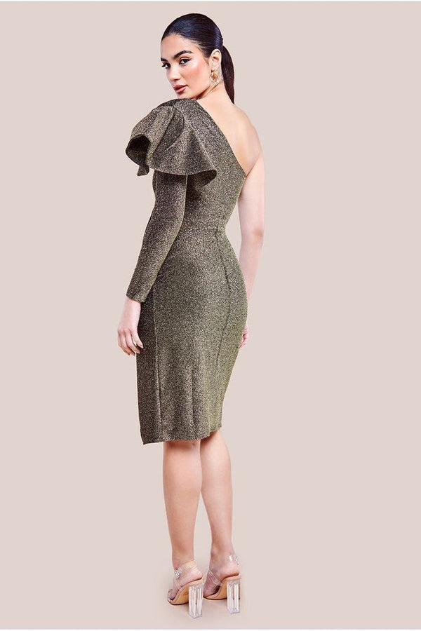 Goddiva One Sleeve Frill Lurex Midi Dress - Gold By Goddiva